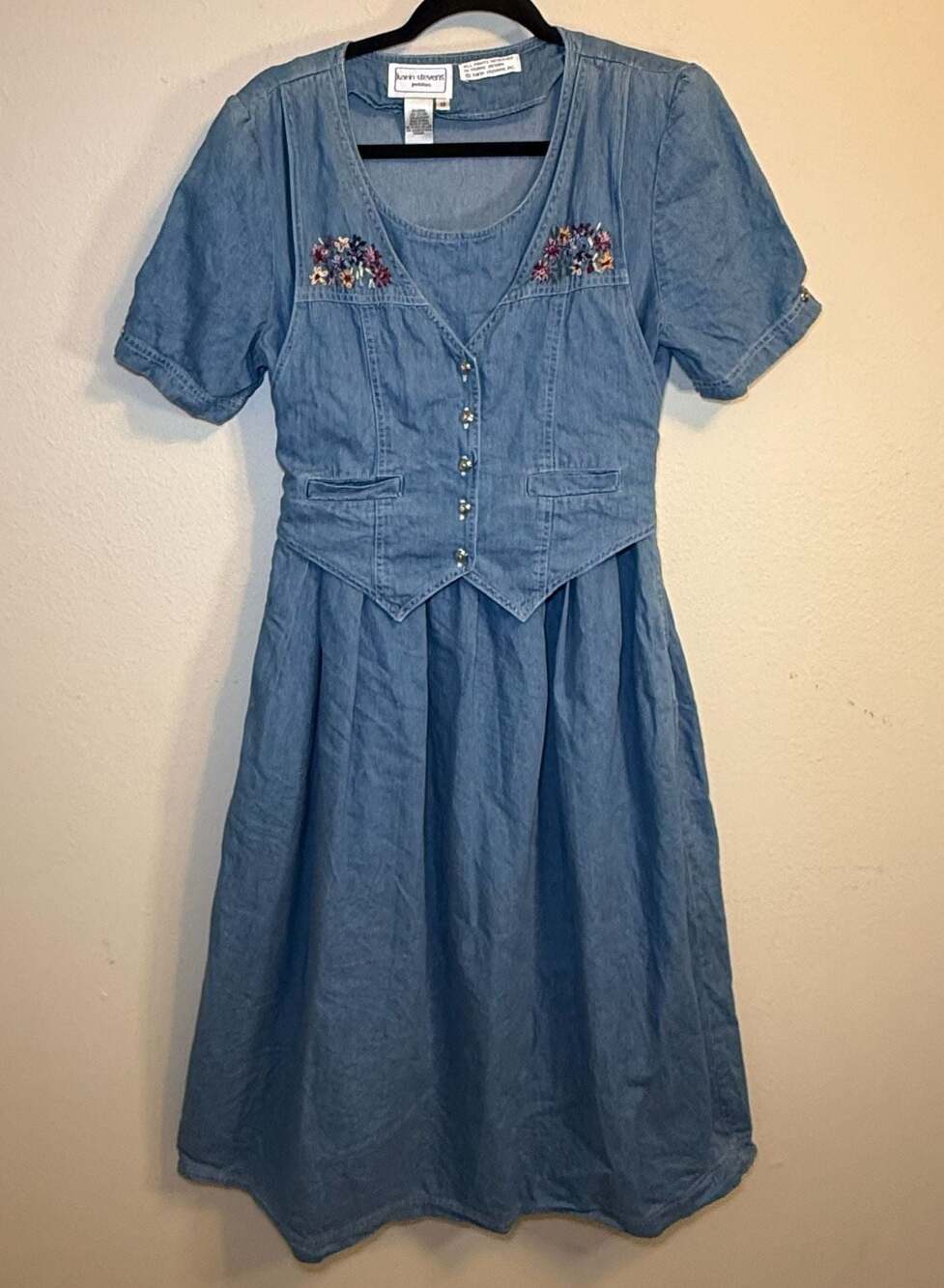 Vintage Karin Stevens Petites Embroidered Denim Dress with Attached Vest Style